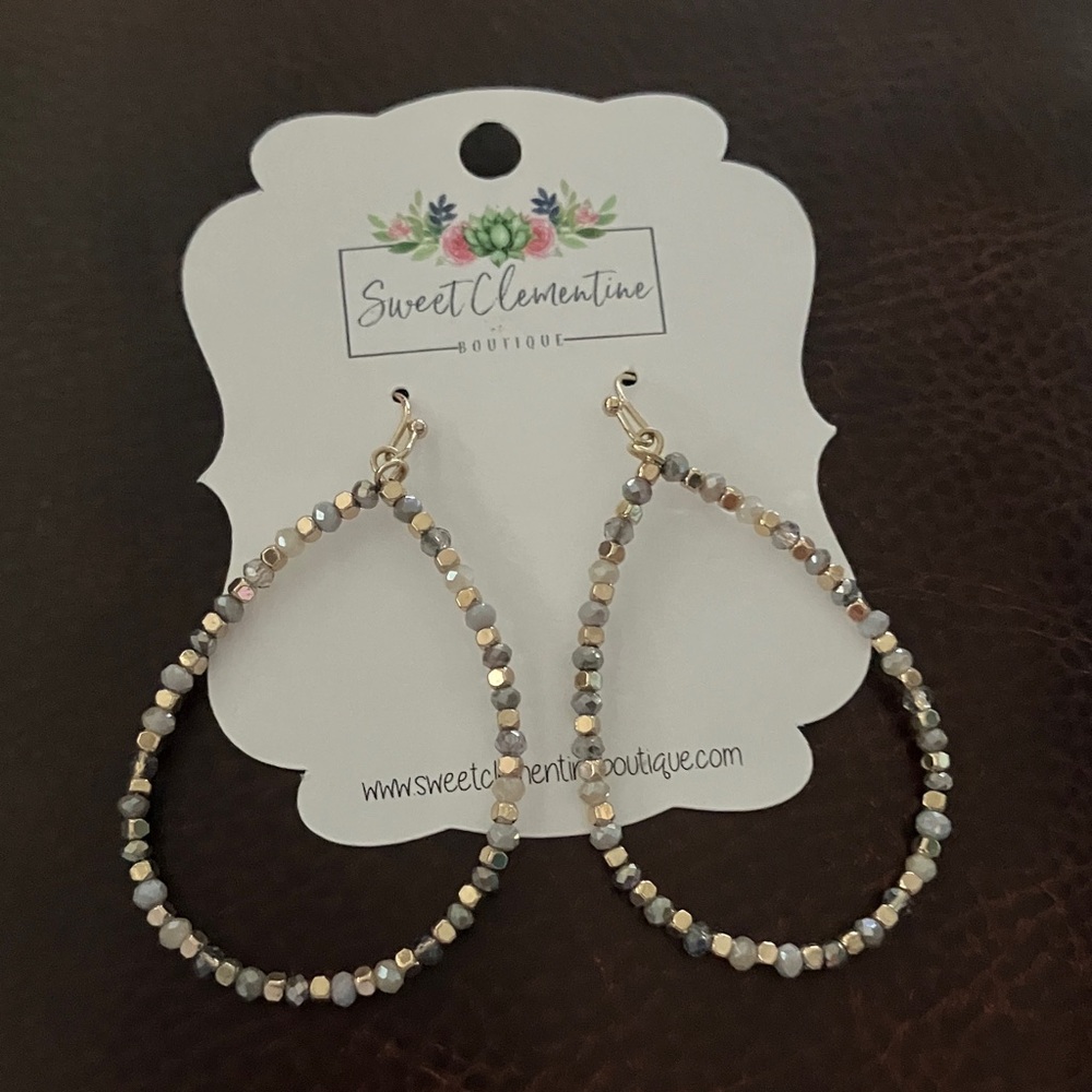 Gray Beaded Teardrop Earrings